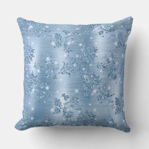 Stylish Baby Blue Glitter and Foil Floral Cushion