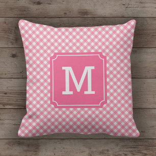 Stylish Baby Pink Gingham Name Monogram Cushion
