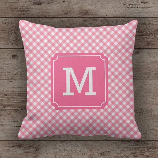 Stylish Baby Pink Gingham Name Monogram Cushion (Creator Uploaded)
