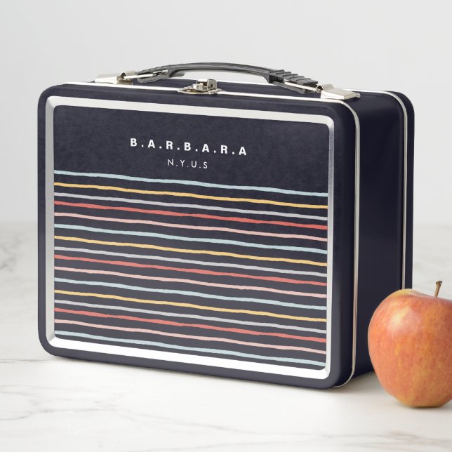 Stylish Back to School Colourful Stripes Monogram Metal Lunch Box (In Situ)