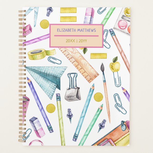 Stylish back to school supplies Pattern Name White Planner (Front)