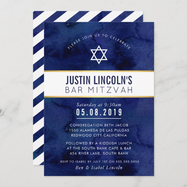 STYLISH BAR MITZVAH classy minimal navy blue gold Invitation (Front/Back)