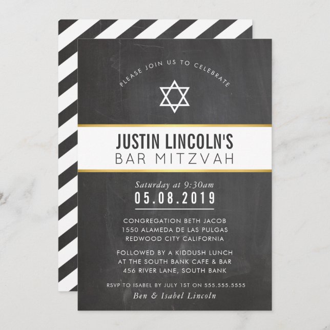 STYLISH BAR MITZVAH minimal grey chalkboard gold Invitation (Front/Back)