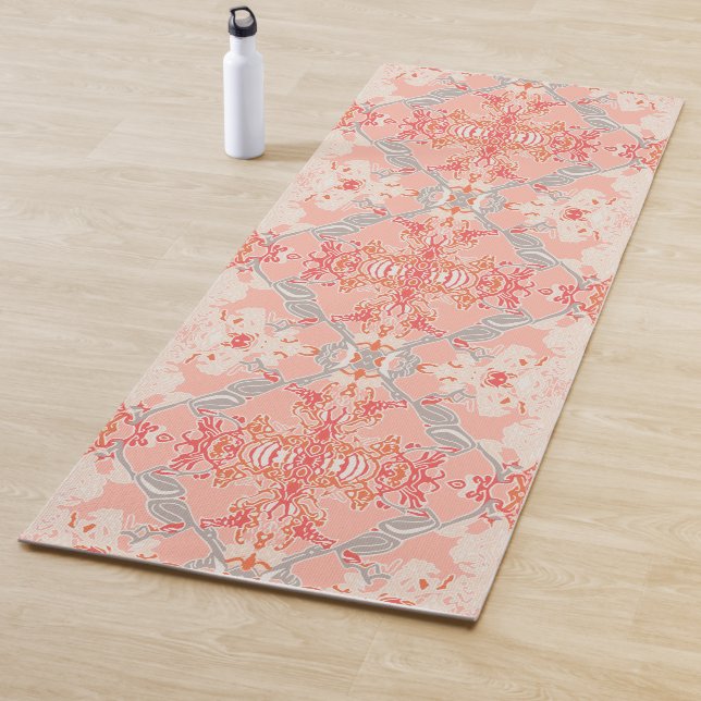 Stylish Baroque Pattern in Pink Red Off-White Yoga Mat (In Situ)
