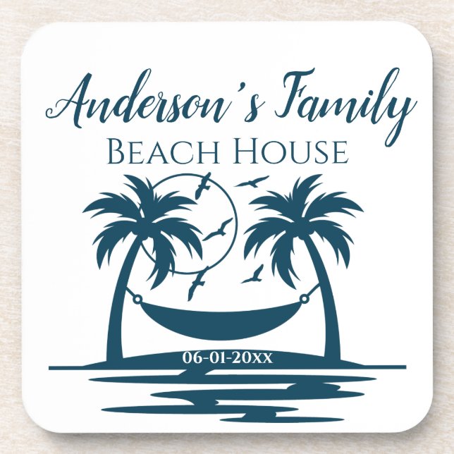 Stylish Beach House Palm Tree Hammock Family Name  Coaster (Front)