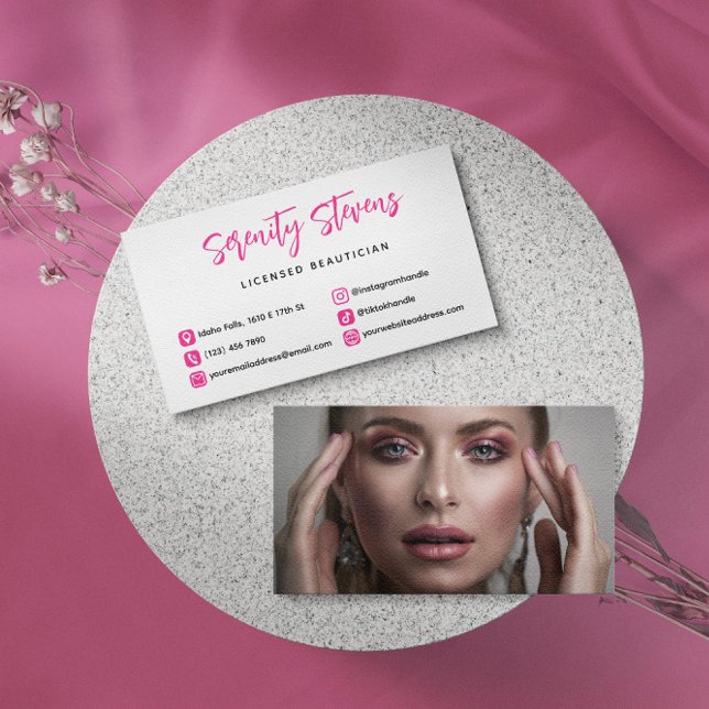 Stylish Beautician Hot Pink Social Media Photo Business Card (Creator Uploaded)