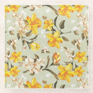 Stylish beautiful bright floral pattern glass coaster