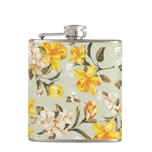 Stylish beautiful bright floral pattern hip flask (Front)