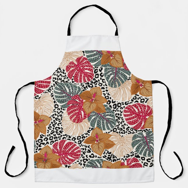 Stylish beautiful tropical forest print on leopard apron (Front)