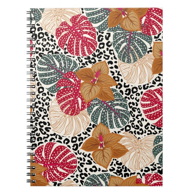 Stylish beautiful tropical forest print on leopard notebook (Front)
