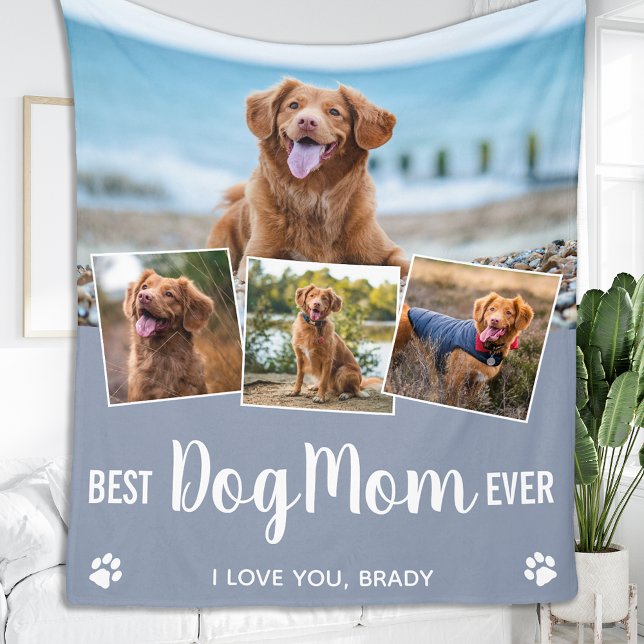 Stylish Best Dog Mum Personalised 4 Photo Collage Fleece Blanket (Creator Uploaded)