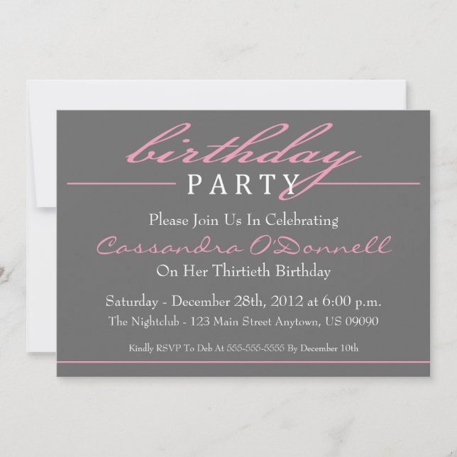 Stylish Birthday Party Invitations (Pink) (Front)