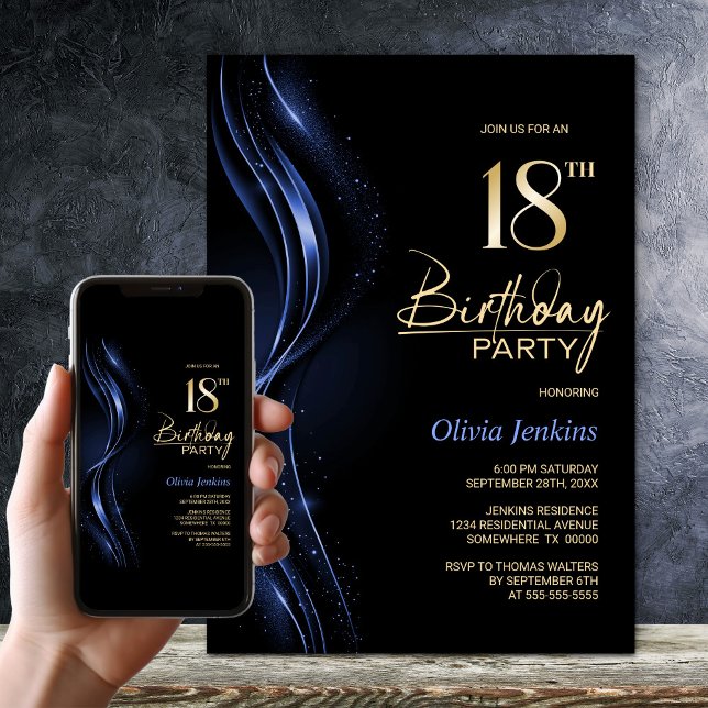Stylish Black and Blue 18th Birthday Party Invitation (Creator Uploaded)