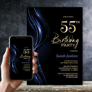 Stylish Black and Blue 55th Birthday Party Invitation