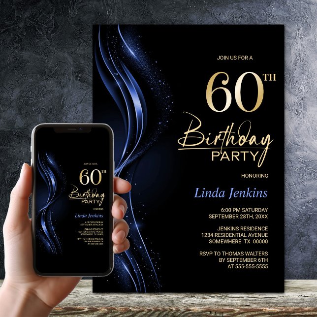 Stylish Black and Blue 60th Birthday Party Invitation (Creator Uploaded)