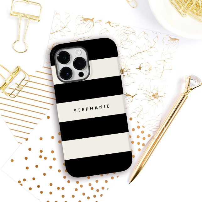 Stylish Black and Eggshell White Stripes with Name Case-Mate iPhone Case (Personalize this stylish case with your name, monogram or other desired text.)