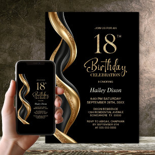 Stylish Black and Gold 18th Birthday Party Invitation