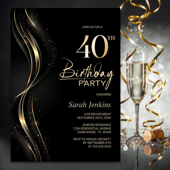 Stylish Black and Gold 40th Birthday Party Invitation (Creator Uploaded)