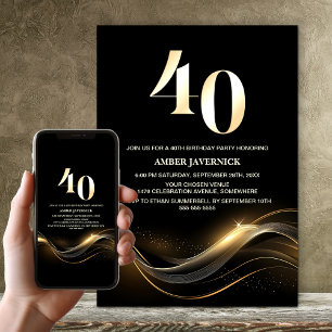 Stylish Black and Gold 40th Birthday Party Invitation