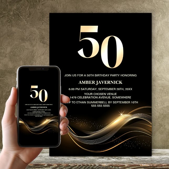 Stylish Black and Gold 50th Birthday Party Invitation (Creator Uploaded)