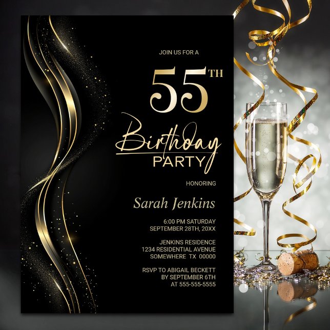 Stylish Black and Gold 55th Birthday Party Invitation (Creator Uploaded)