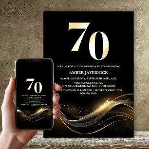 Stylish Black and Gold 70th Birthday Party Invitation