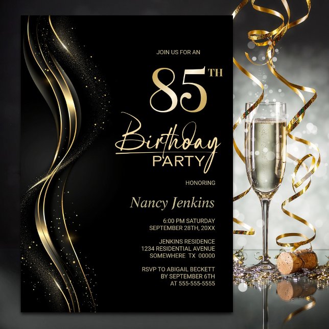 Stylish Black and Gold 85th Birthday Party Invitation (Creator Uploaded)