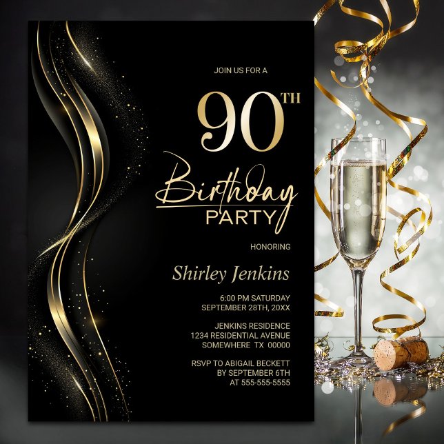 Stylish Black and Gold 90th Birthday Party Invitation (Creator Uploaded)