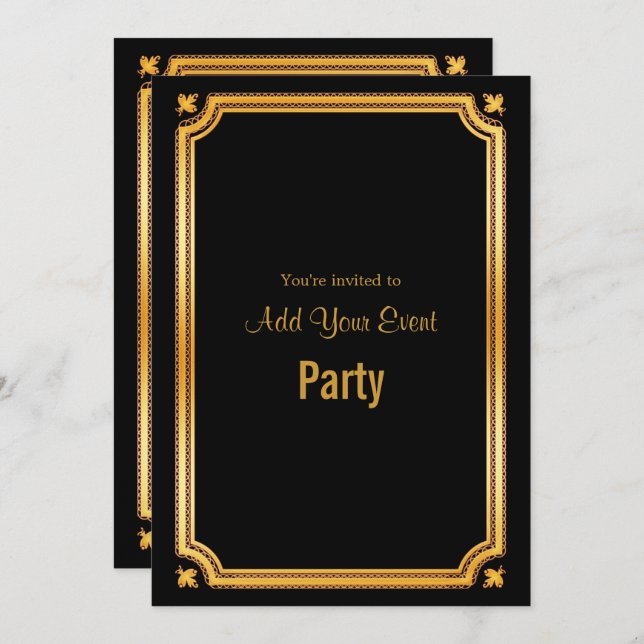 Stylish Black and Gold Frame Invitation (Front/Back)