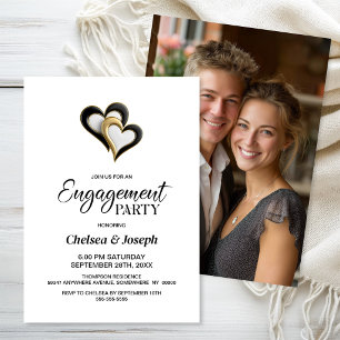 Stylish Black and Gold Hearts Engagement Party Invitation