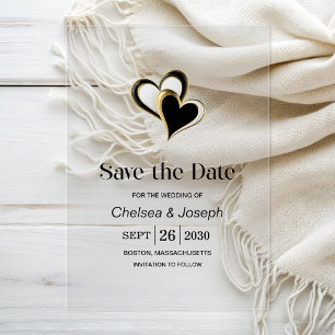 Stylish Black and Gold Love Hearts Save the Date Acrylic Invitations