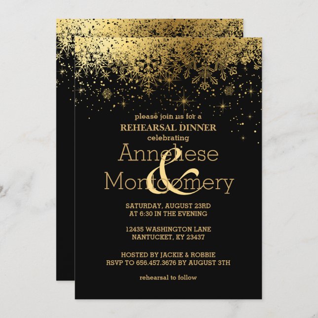 Stylish Black and Gold Snowflake Rehearsal Dinner Invitation (Front/Back)