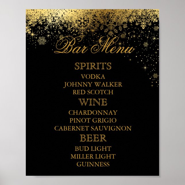Stylish Black and Gold Snowflakes - Bar Menu Poster (Front)
