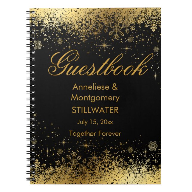 Stylish Black and Gold Snowflakes - Guestbook Notebook (Front)