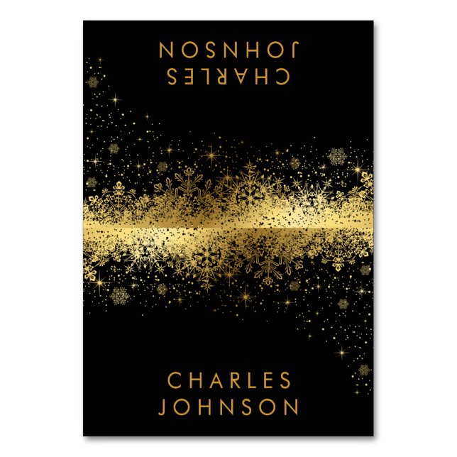 Stylish Black and Gold Snowflakes | Place Cards (Front)