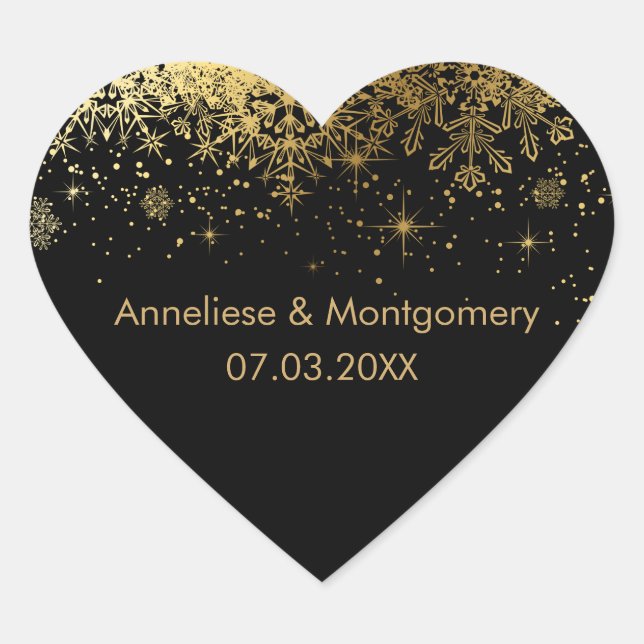 Stylish Black and Gold Snowflakes | Wedding Heart Sticker (Front)