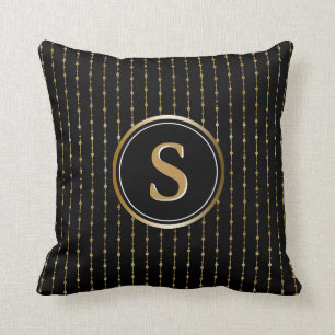 Stylish Black and Gold Stripes Pattern Monogram Cushion