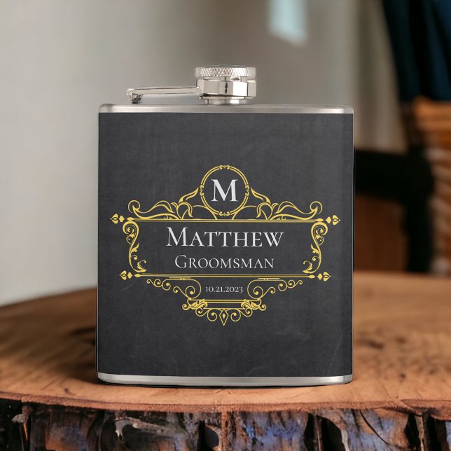 Stylish Black and Gold Vintage Groomsman Hip Flask (Creator Uploaded)