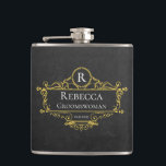 Stylish Black and Gold Vintage Groomswoman Hip Flask<br><div class="desc">This stylish black and gold vintage groomswoman flask design features typographic initial,  name and date for a minimalistic feel that can be easily personalised.</div>