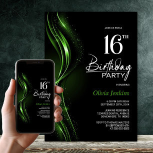 Stylish Black and Green 16th Birthday Party Invitation