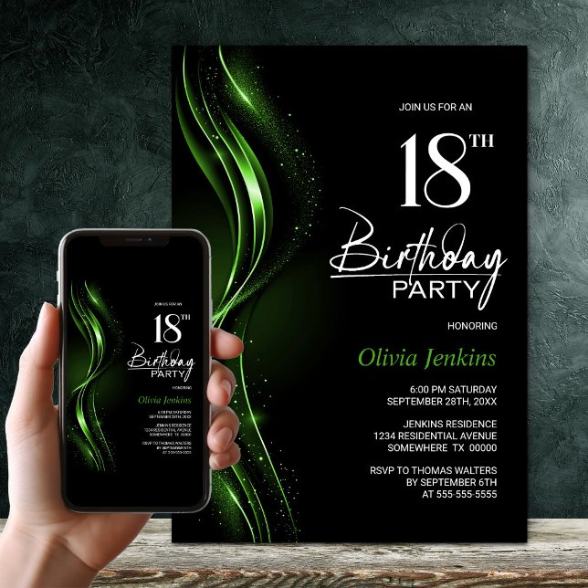 Stylish Black and Green 18th Birthday Party Invitation (Creator Uploaded)