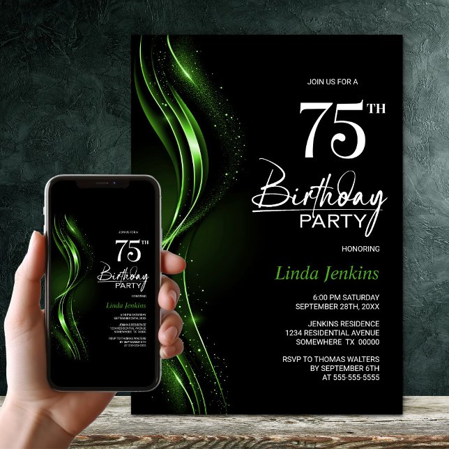 Stylish Black and Green 75th Birthday Party Invitation (Creator Uploaded)