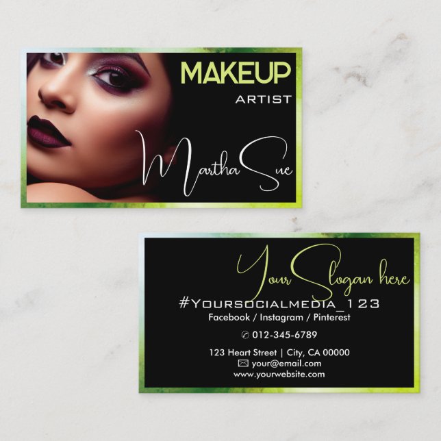 Stylish Black and Green Marbled Beauty Photo Image Business Card (Front/Back)