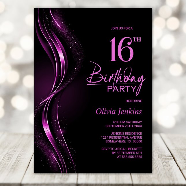 Stylish Black and Pink 16th Birthday Party Invitation (Creator Uploaded)