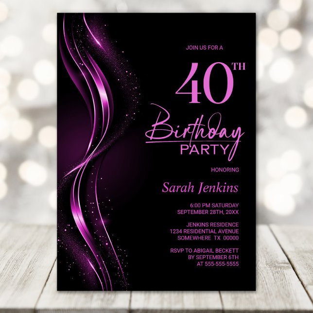 Stylish Black and Pink 40th Birthday Party Invitation (Creator Uploaded)