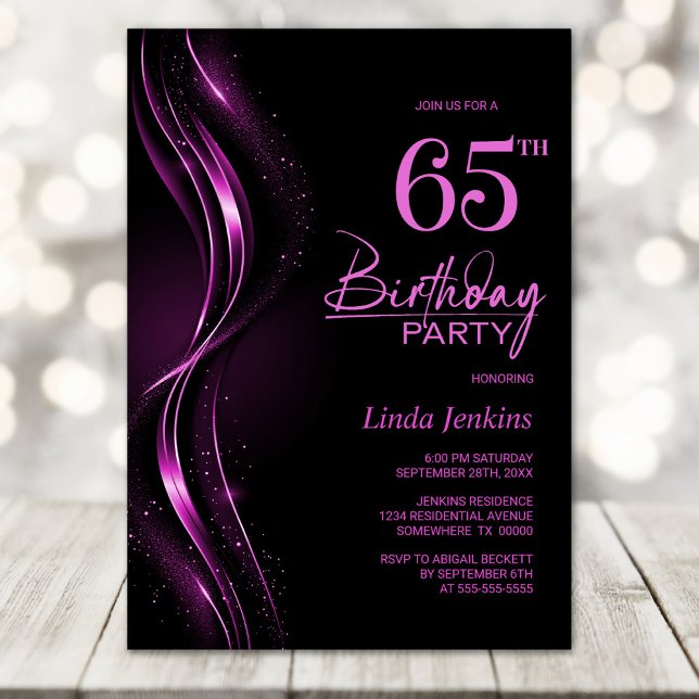 Stylish Black and Pink 65th Birthday Party Invitation (Creator Uploaded)