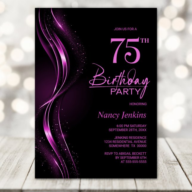 Stylish Black and Pink 75th Birthday Party Invitation (Creator Uploaded)