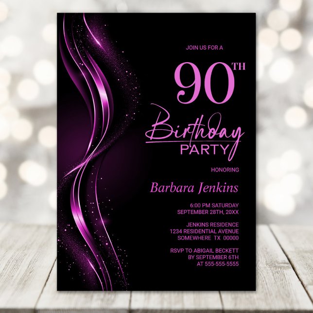 Stylish Black and Pink 90th Birthday Party Invitation (Creator Uploaded)