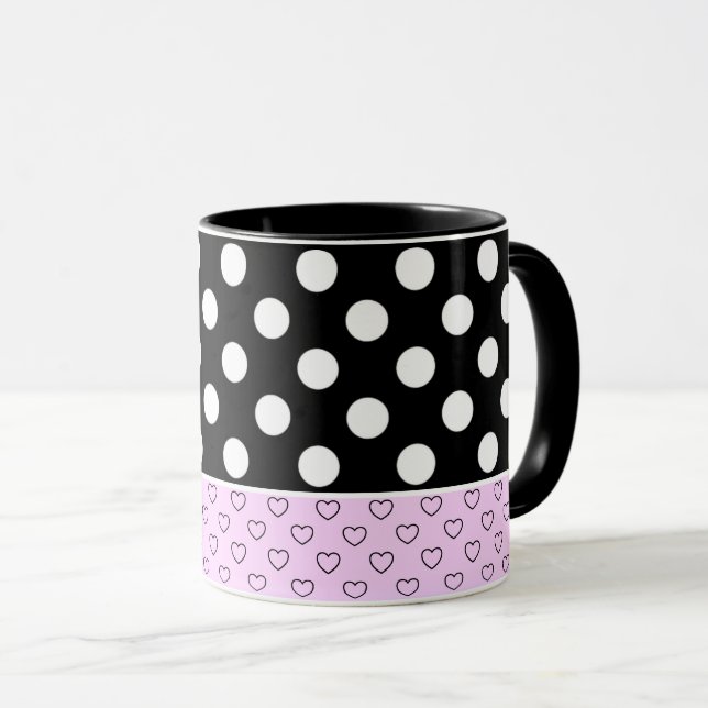 Stylish Black And Pink Coffee Mug Big White Dots (Front Right)