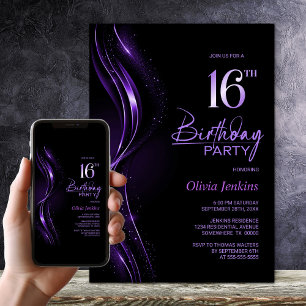 Stylish Black and Purple 16th Birthday Party Invitation